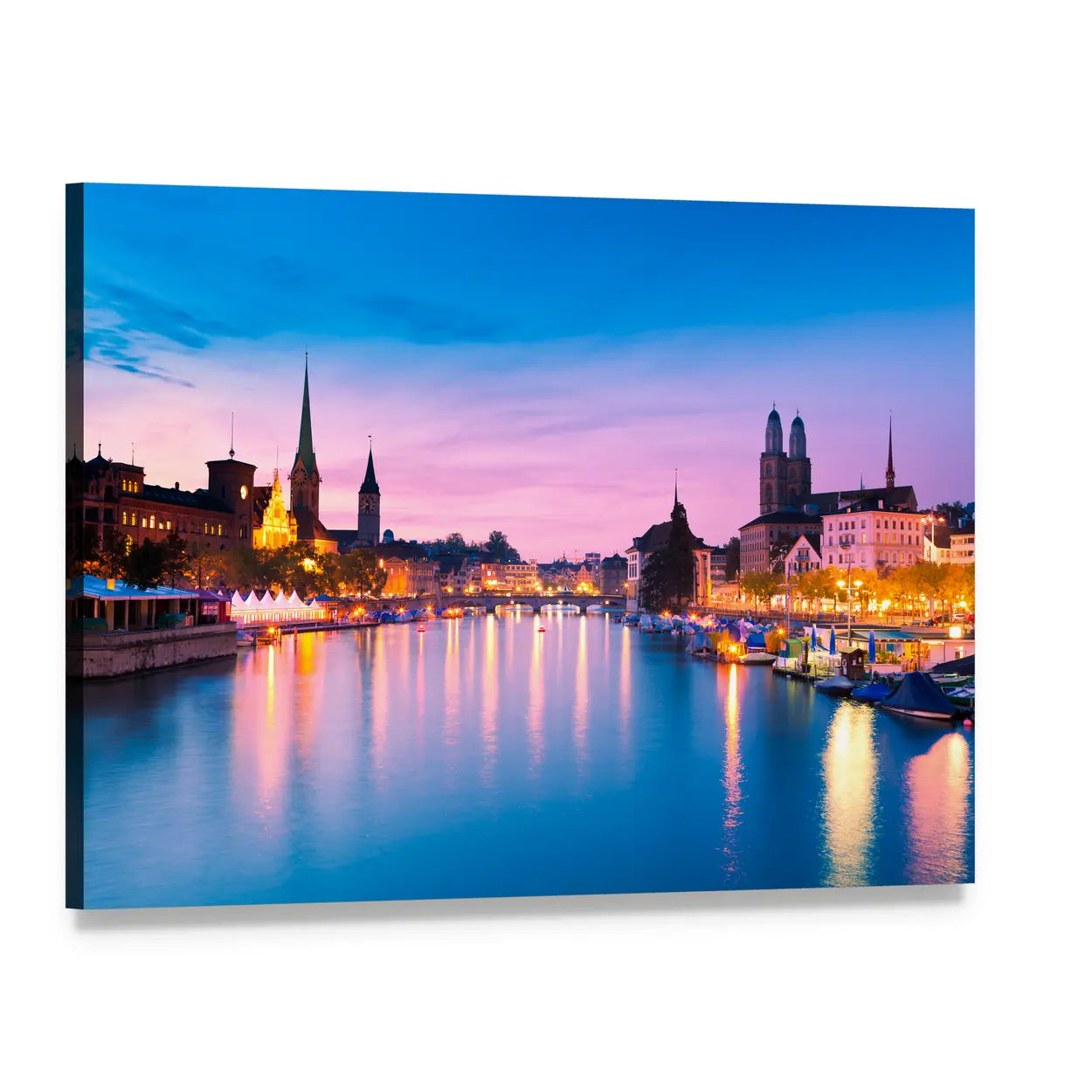 Zurich Skyline At Blue Hour In Switzerland Canvas Wall Art, single panel gallery wrapped canvas, angled product view