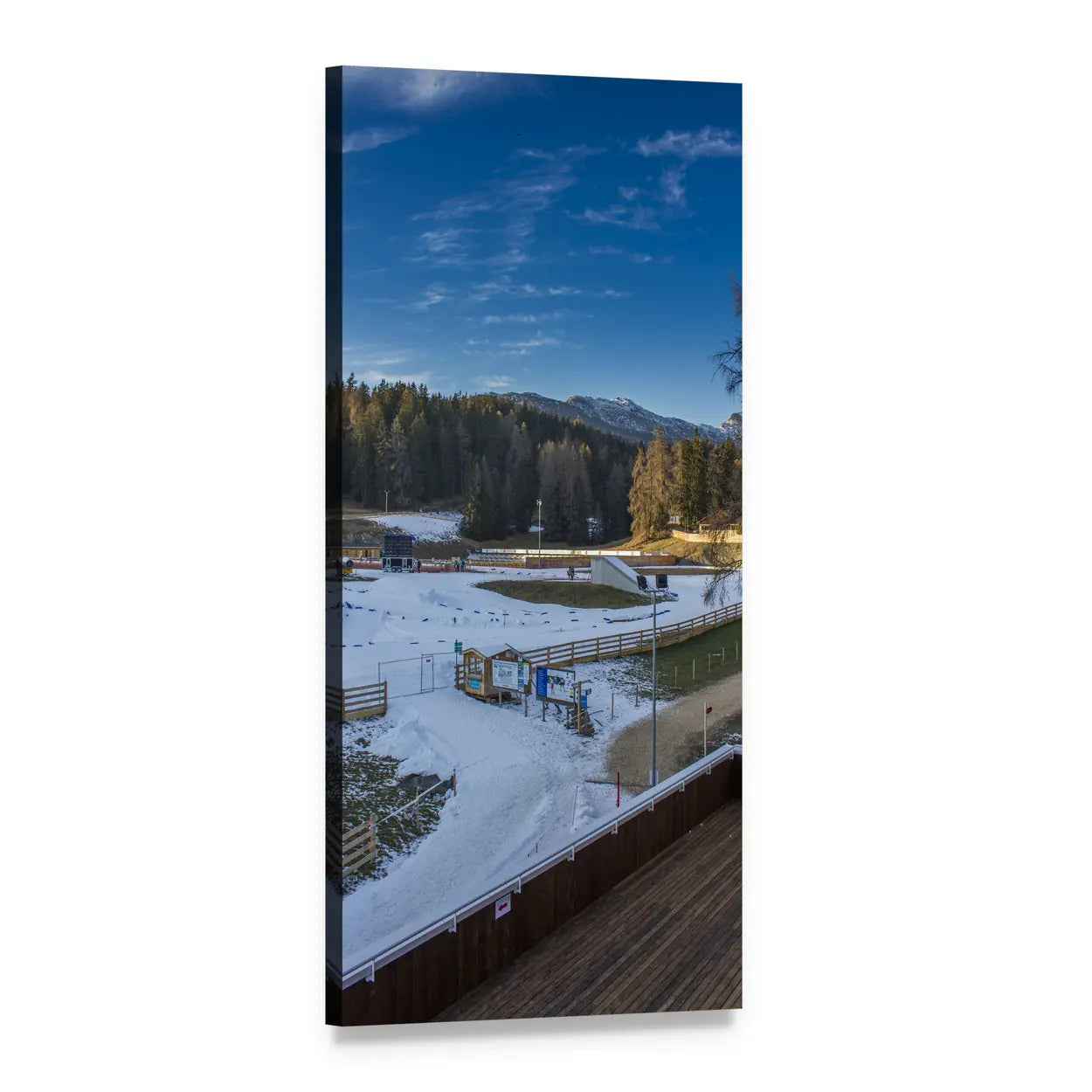 Snowy Field and Evergreen Forest Vertical Canvas Wall Art, 1 panel 1 Vertical layout gallery wrapped canvas set, angled product view