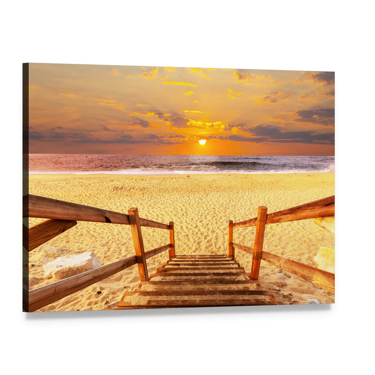 Beach Boardwalk at Sunset Canvas Wall Art, single panel gallery wrapped canvas, angled product view