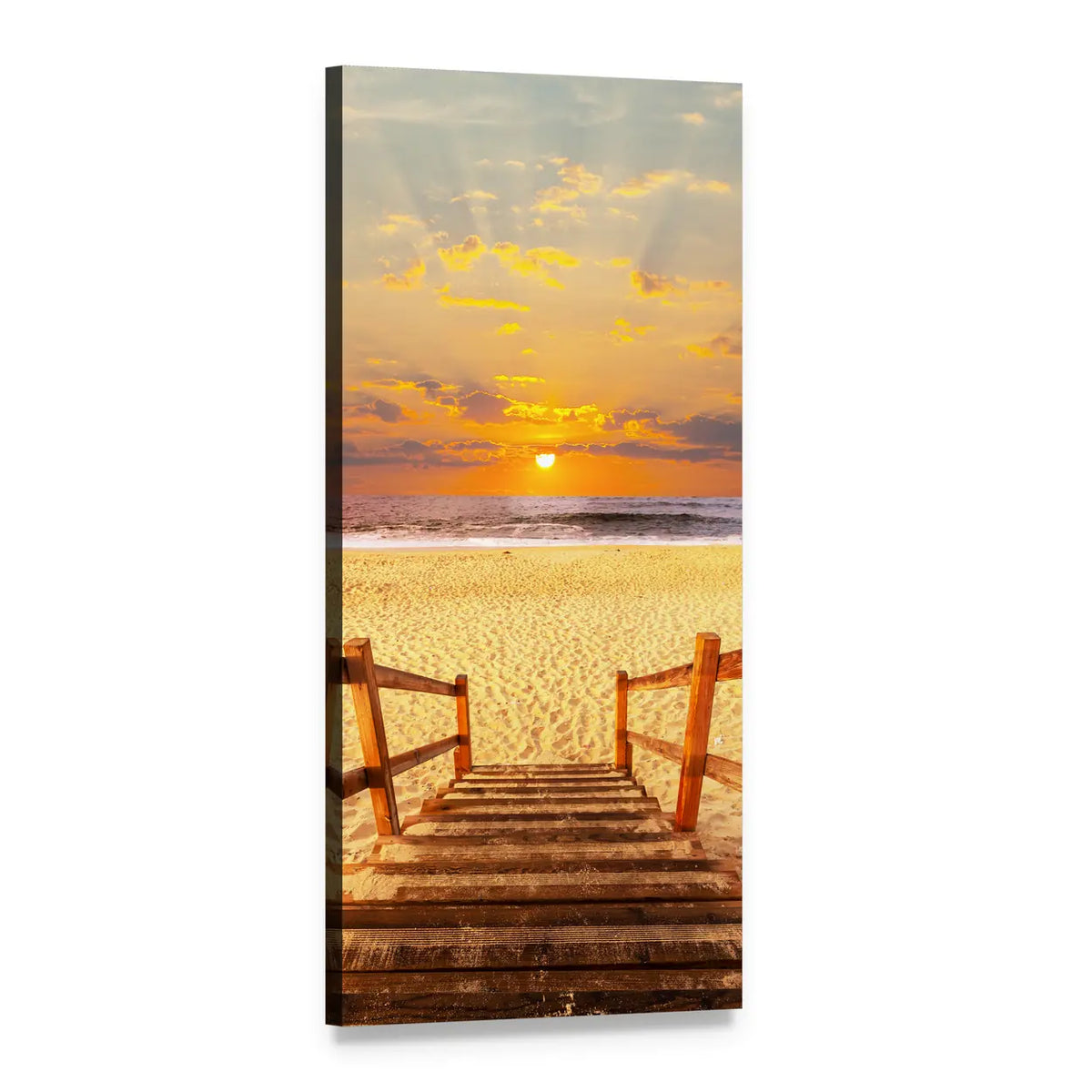 Sunset Boardwalk on Beach Vertical Canvas Wall Art, 1 panel 1 Vertical layout gallery wrapped canvas set, angled product view