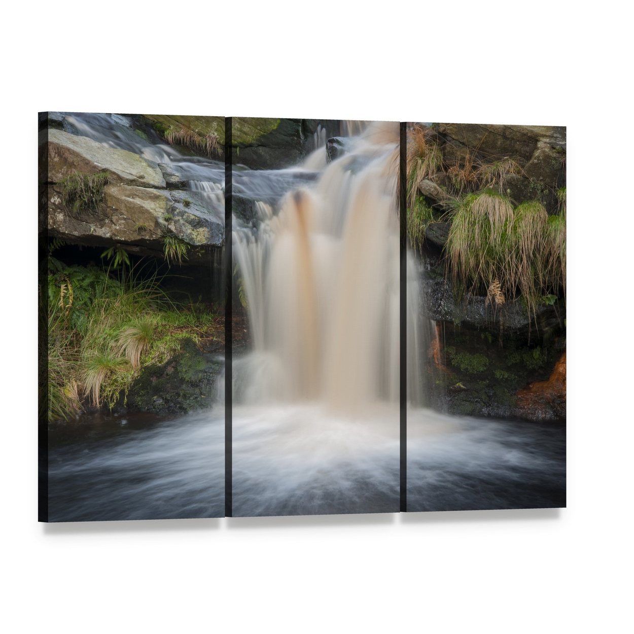 Waterfall on Moorland Canvas Wall Art, 3 panel 3 Horizontal layout gallery wrapped canvas set, angled product view