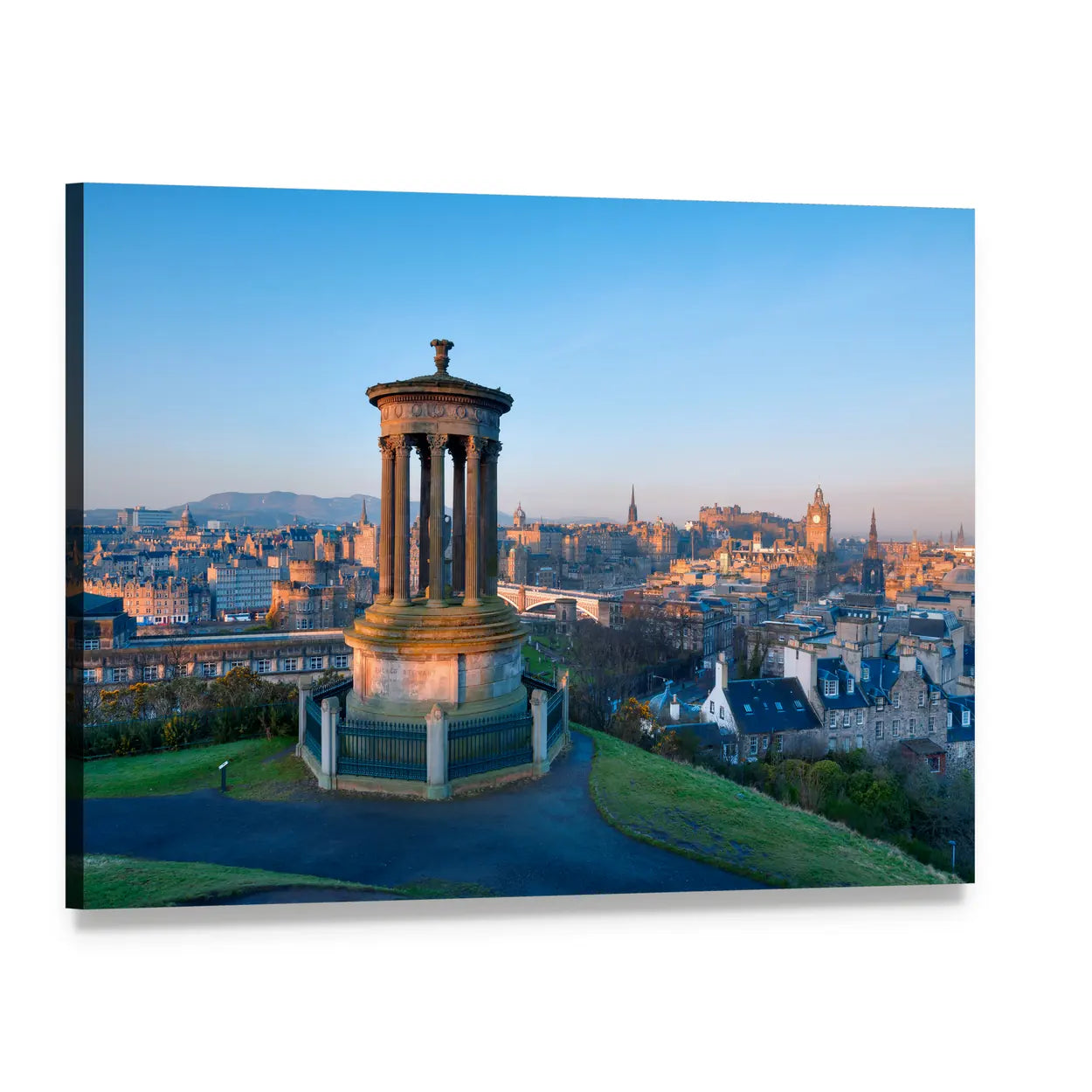 Calton Hill Sunrise Over Edinburgh Canvas Wall Art, single panel gallery wrapped canvas, angled product view
