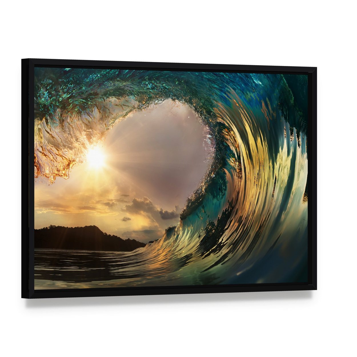 Dark Wave in Ocean Canvas Wall Art, framed canvas in a black floater frame, angled product view