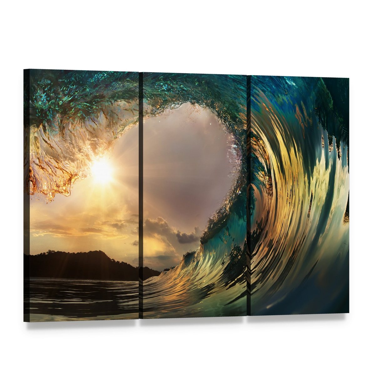 Dark Wave in Ocean Canvas Wall Art, 3 panel 3 Horizontal layout gallery wrapped canvas set, angled product view