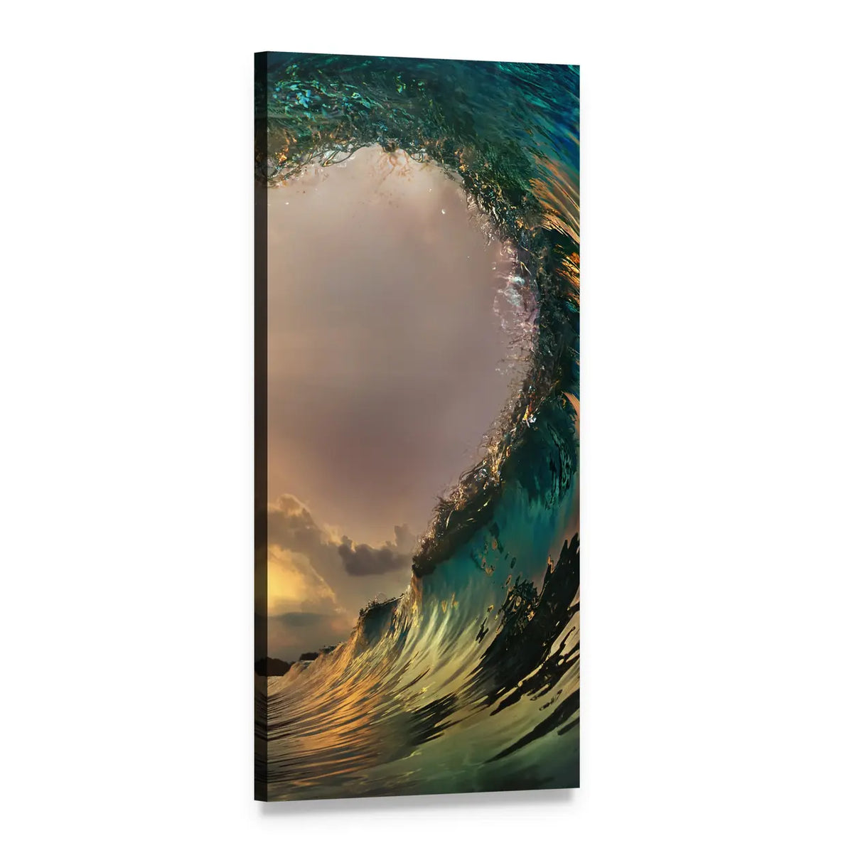 Curling Wave at Golden Hour Vertical Canvas Wall Art, 1 panel 1 Vertical layout gallery wrapped canvas set, angled product view