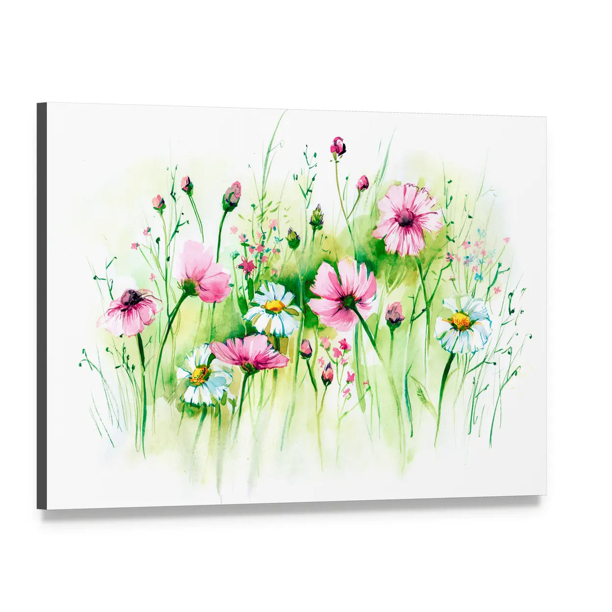 Pink Cosmos and White Daisies Meadow Canvas Wall Art, single panel gallery wrapped canvas, angled product view