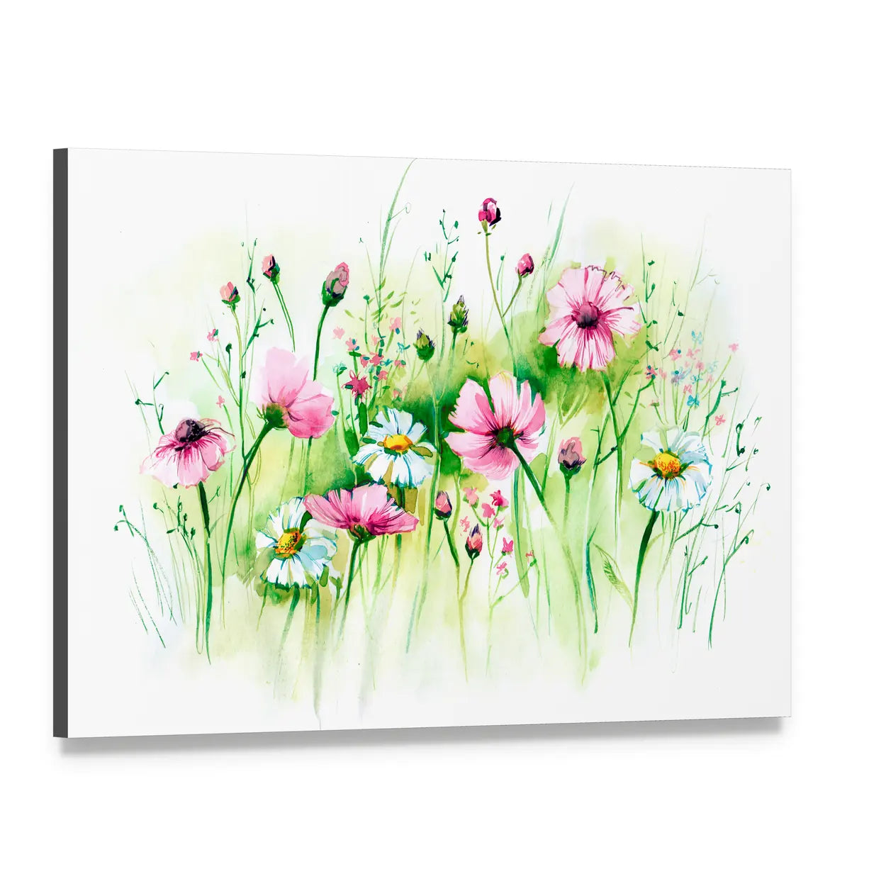 Pink Cosmos and White Daisies Meadow Canvas Wall Art, single panel gallery wrapped canvas, angled product view
