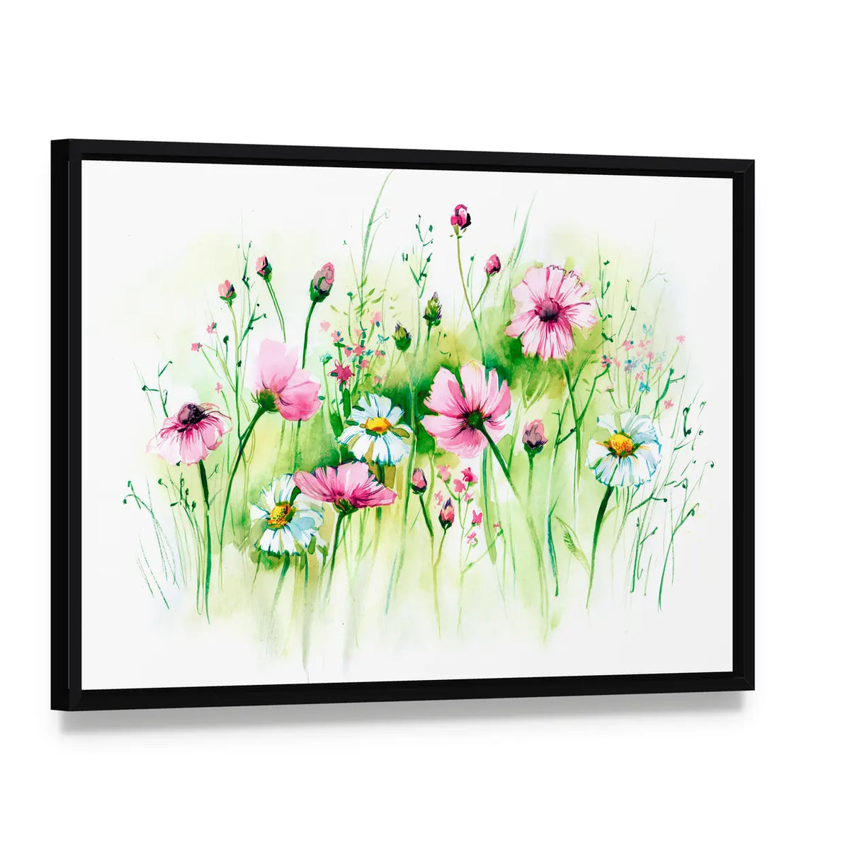 Pink Cosmos and White Daisies Meadow Canvas Wall Art, framed canvas in a black floater frame, angled product view