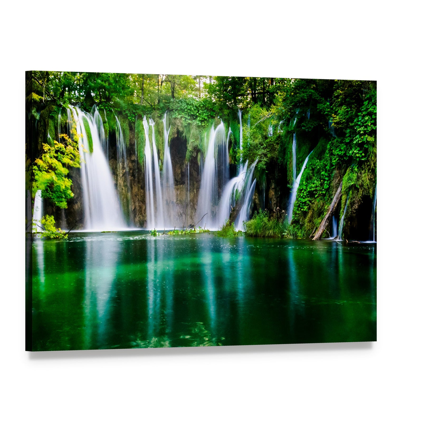 Cascading Waterfalls at Plitvice Lake Canvas Wall Art, single panel gallery wrapped canvas, angled product view