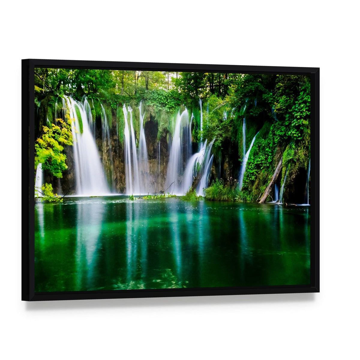 Cascading Waterfalls at Plitvice Lake Canvas Wall Art, framed canvas in a black floater frame, angled product view