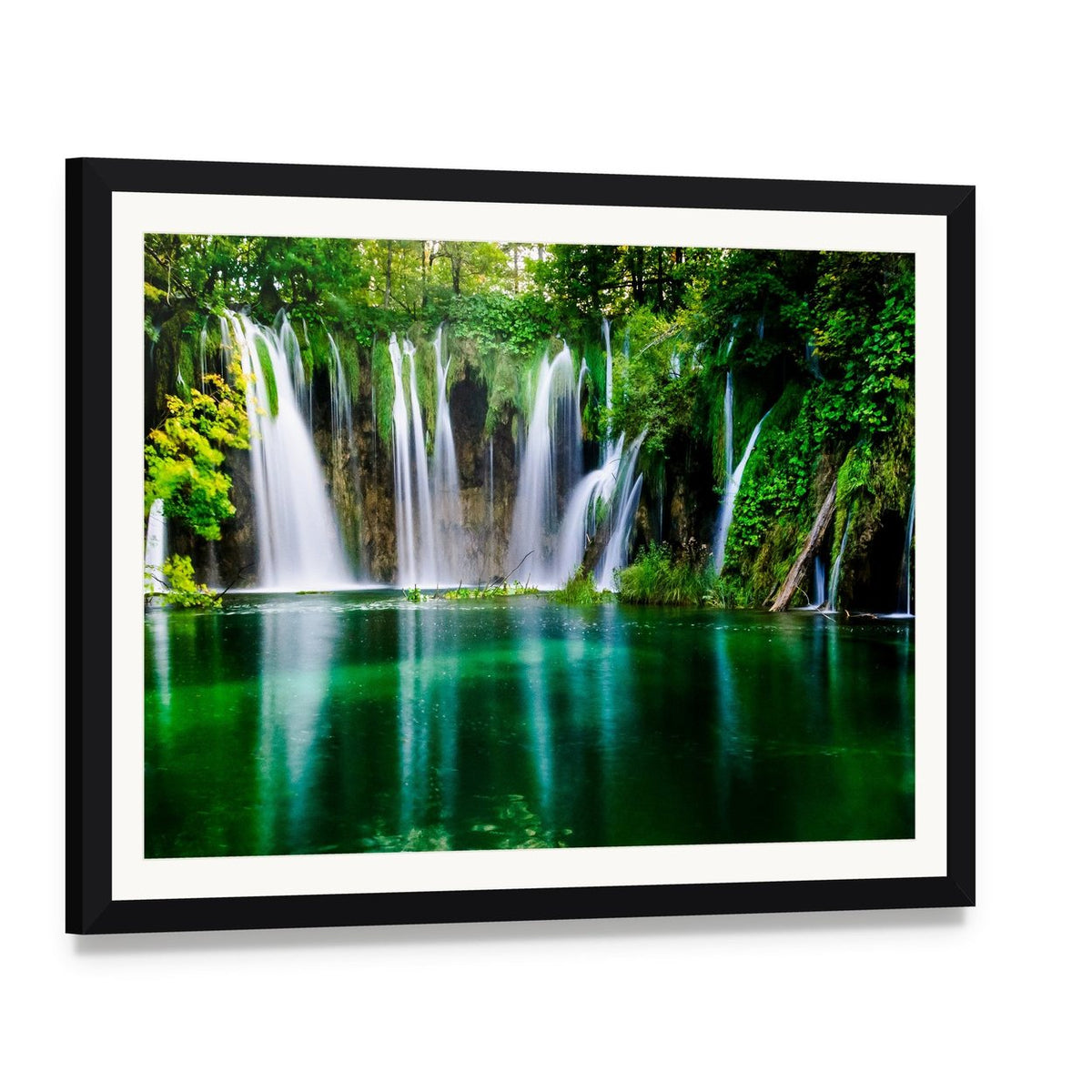 Cascading Waterfalls at Plitvice Lake Canvas Wall Art, framed print with white mat and black frame, angled product view