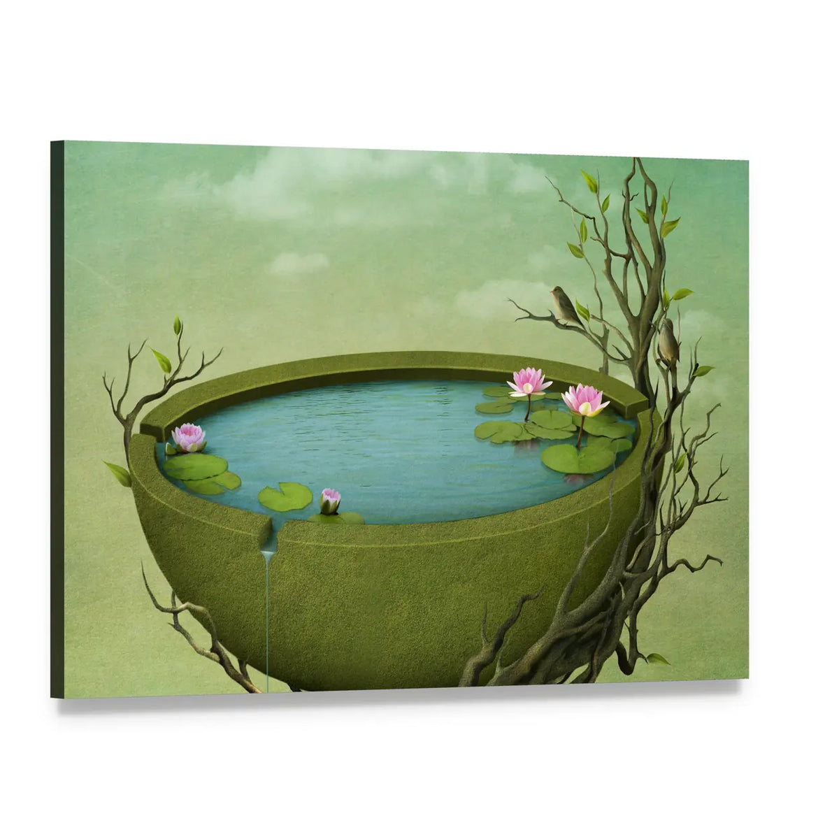 Dreamlike Bowl with Water Lilies Canvas Wall Art, single panel gallery wrapped canvas, angled product view