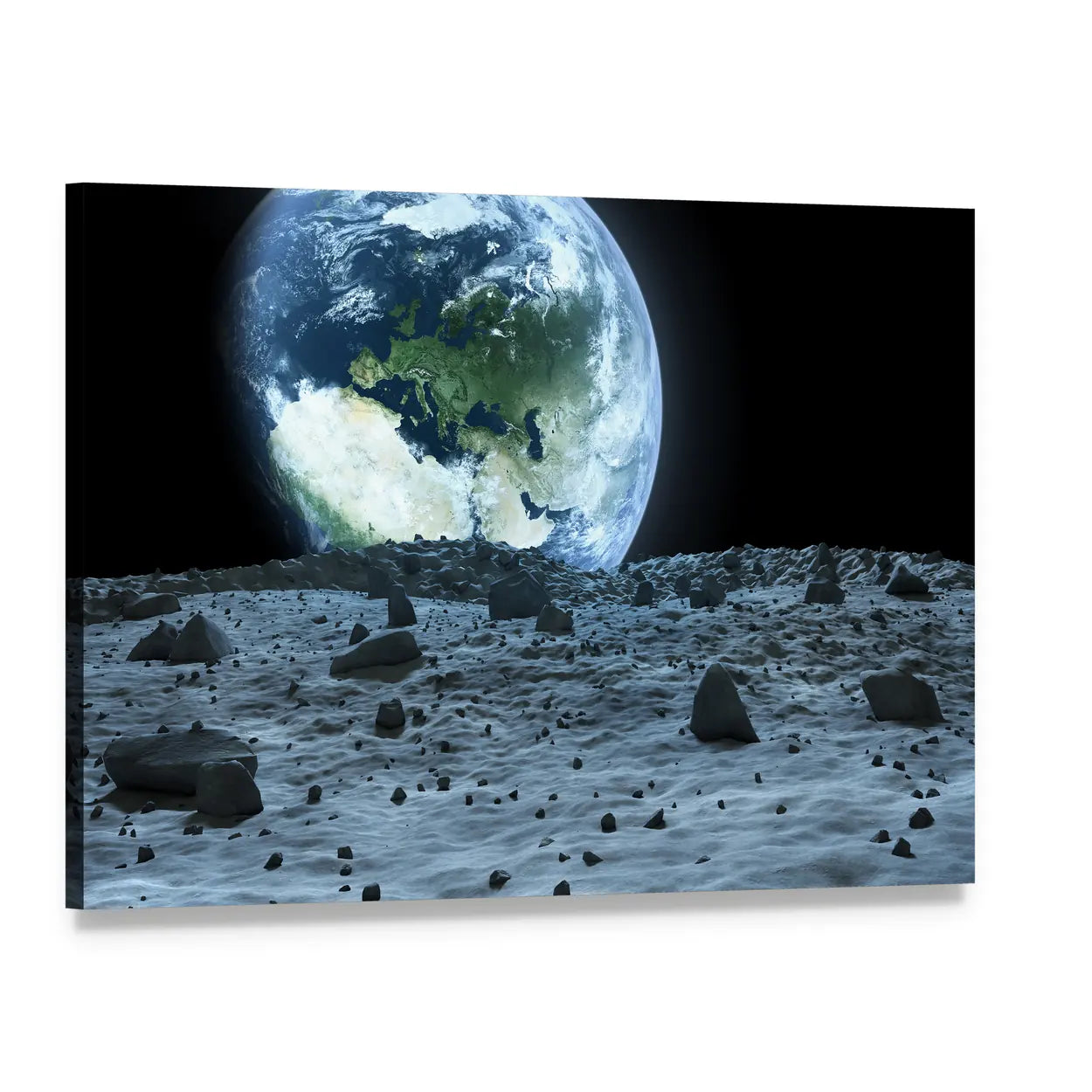 Earth Rising Over Lunar Horizon Canvas Wall Art, single panel gallery wrapped canvas, angled product view
