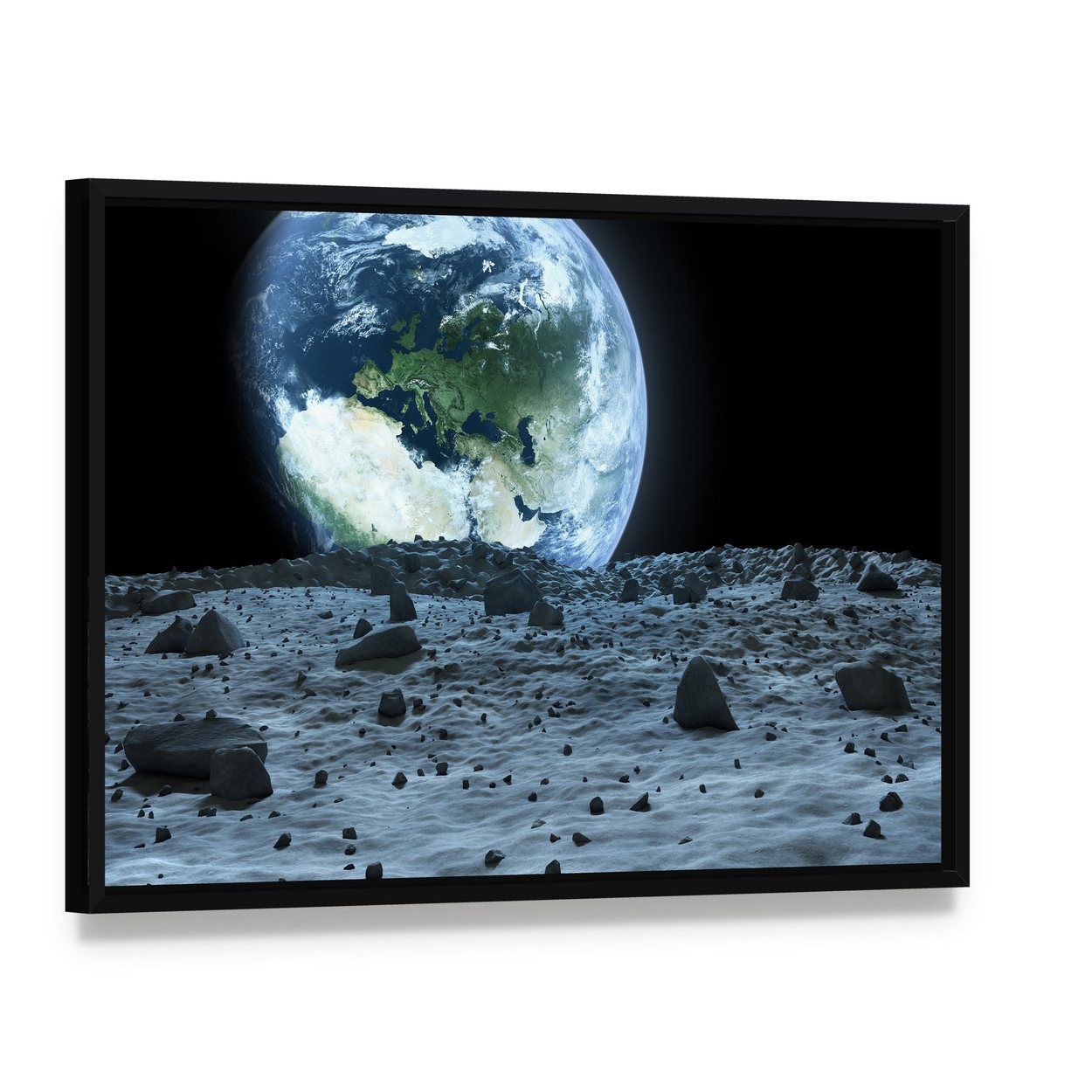 Earth from Moon Canvas Wall Art, framed canvas in a black floater frame, angled product view