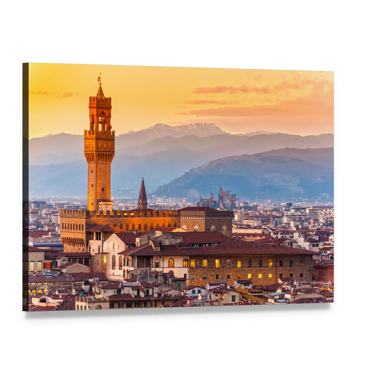 Palazzo Vecchio in Florence at Golden Hour Canvas Wall Art, single panel gallery wrapped canvas, angled product view