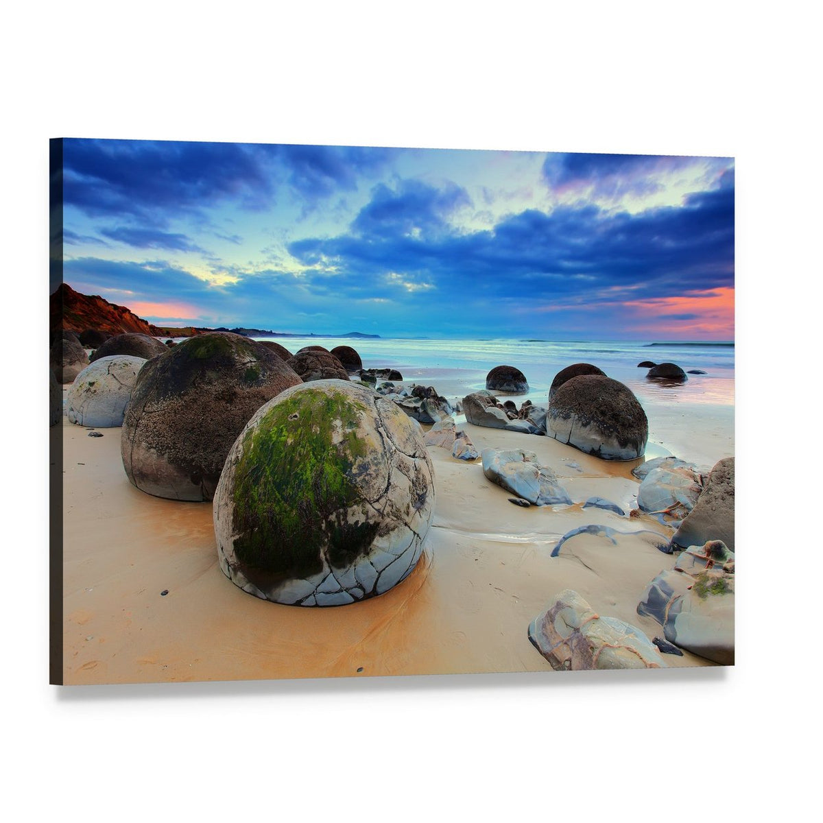 Moeraki Boulders at Sunset Canvas Wall Art, single panel gallery wrapped canvas, angled product view