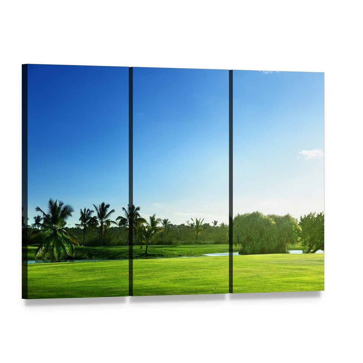 Sunny Golf Course with Palm Trees Canvas Wall Art, 3 panel 3 Horizontal layout gallery wrapped canvas set, angled product view