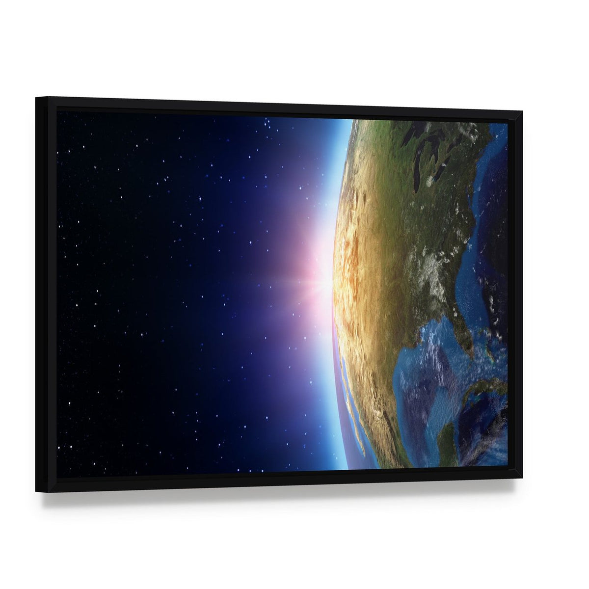 North America from Space Canvas Wall Art, framed canvas in a black floater frame, angled product view
