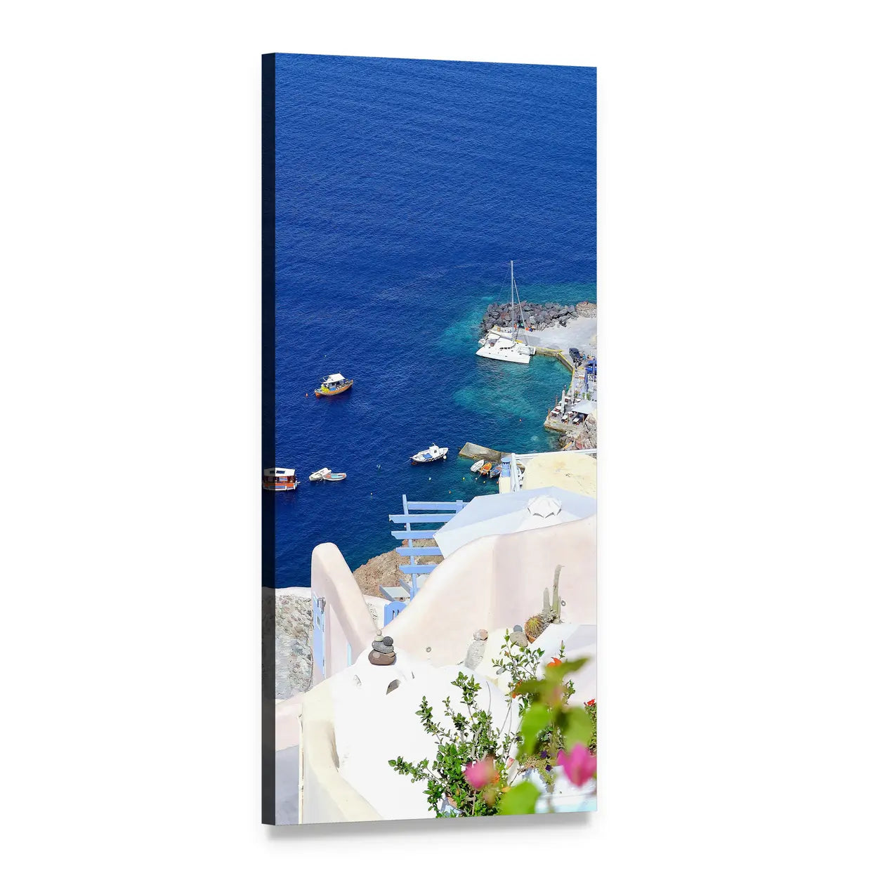 Aegean Harbor with Pink Bougainvillea Vertical Canvas Wall Art, 1 panel 1 Vertical layout gallery wrapped canvas set, angled product view