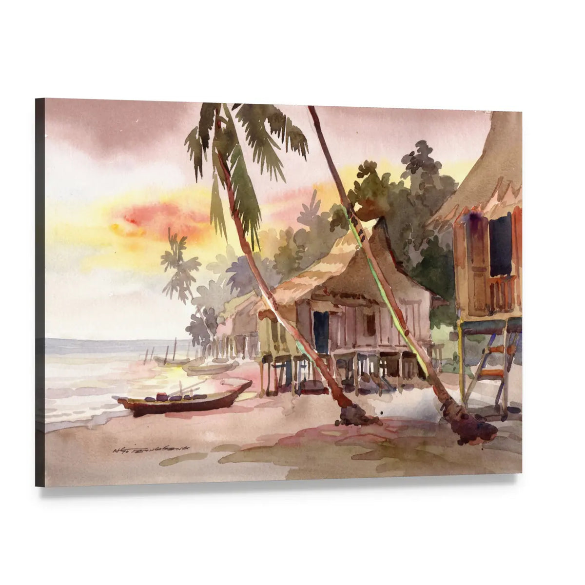 Watercolor Stilt Houses at Sunset Canvas Wall Art, single panel gallery wrapped canvas, angled product view