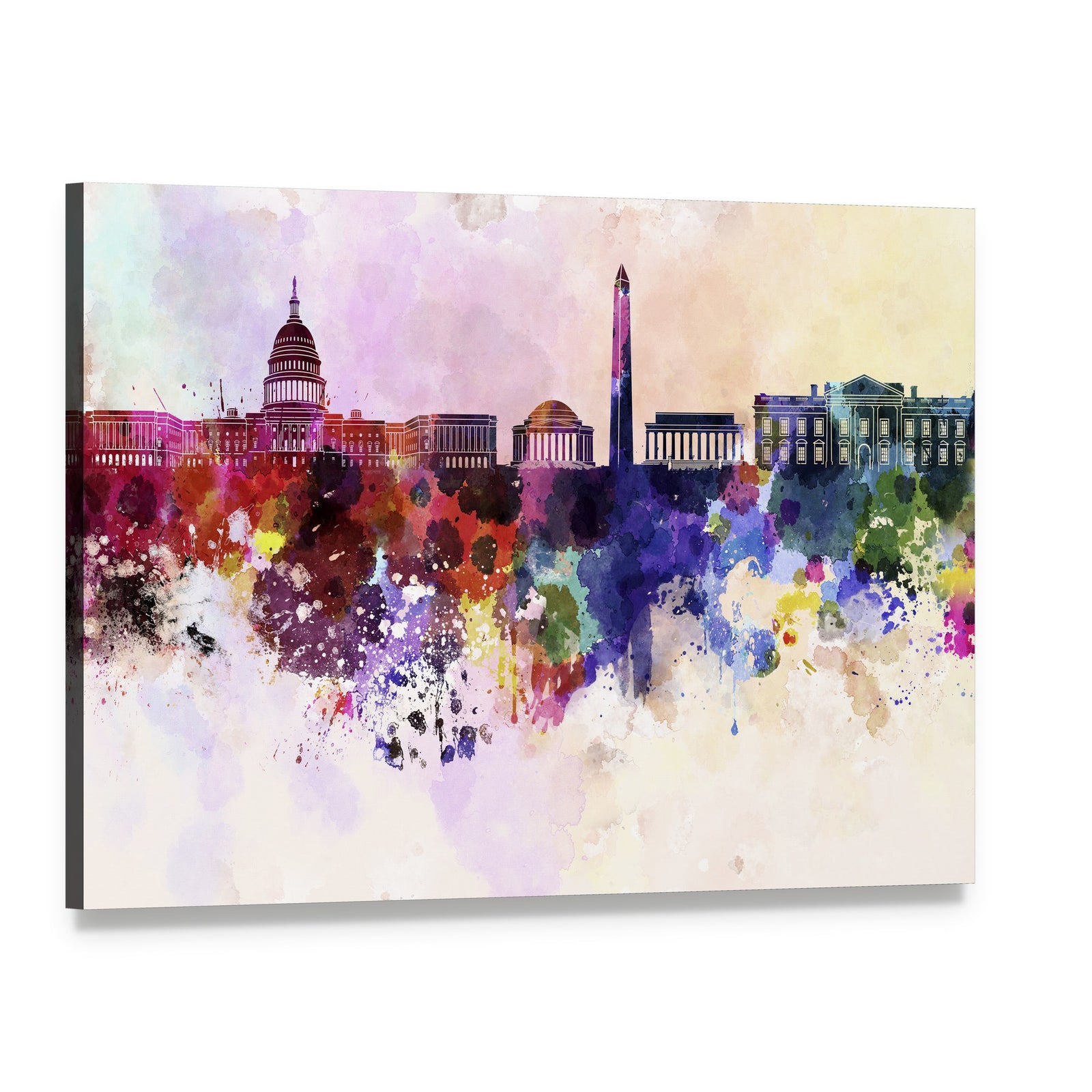 Washington Dc Skyline Watercolor Abstract Canvas Wall Art, single panel gallery wrapped canvas, angled product view
