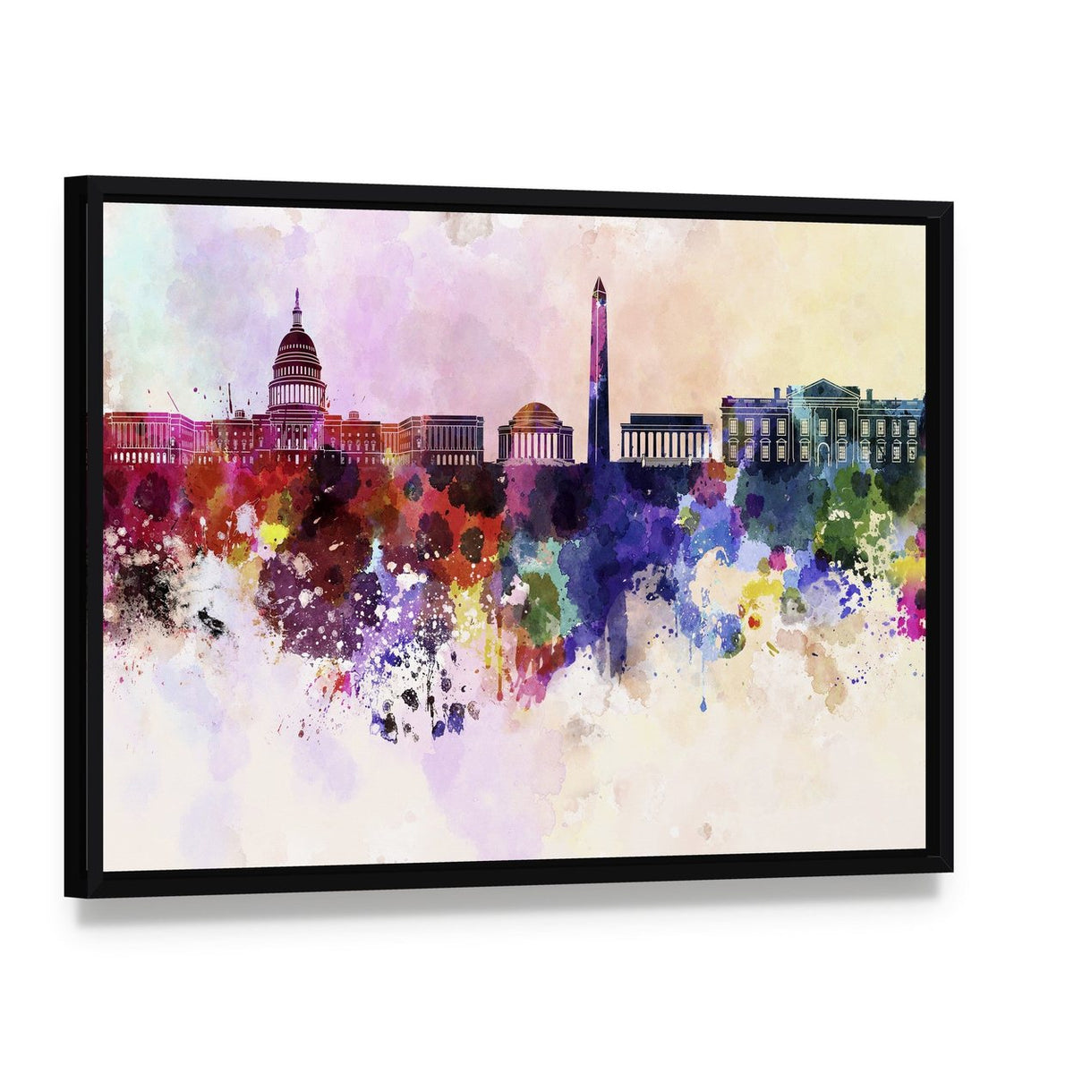 Washington Dc Skyline Watercolor Abstract Canvas Wall Art, framed canvas in a black floater frame, angled product view