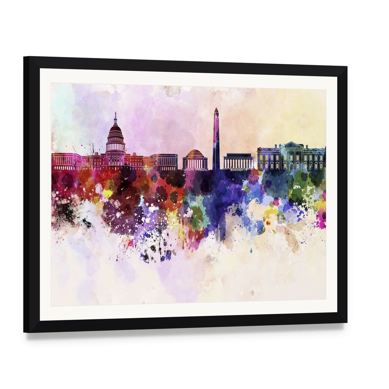 Washington Dc Skyline Watercolor Abstract Canvas Wall Art, framed print with white mat and black frame, angled product view