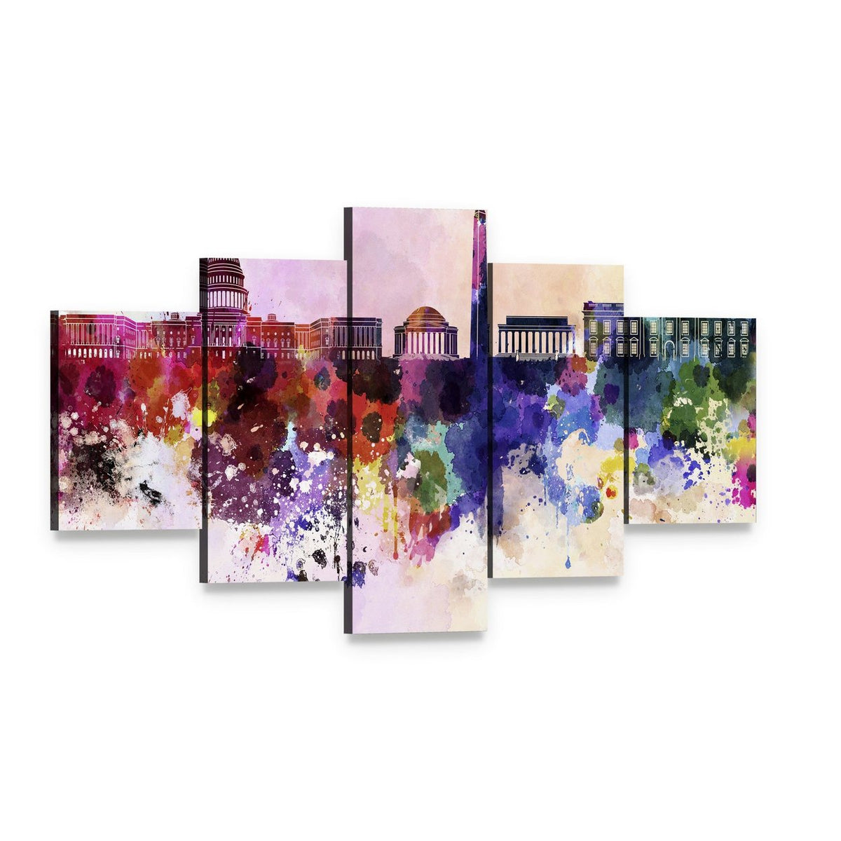 Washington Dc Skyline Watercolor Abstract Canvas Wall Art, 5 panel 5 Star layout gallery wrapped canvas set, angled product view