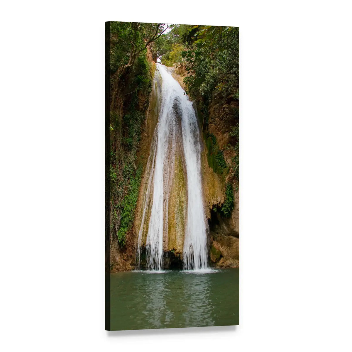 Green Waterfall Landscape Vertical Canvas Wall Art, 1 panel 1 Vertical layout gallery wrapped canvas set, angled product view