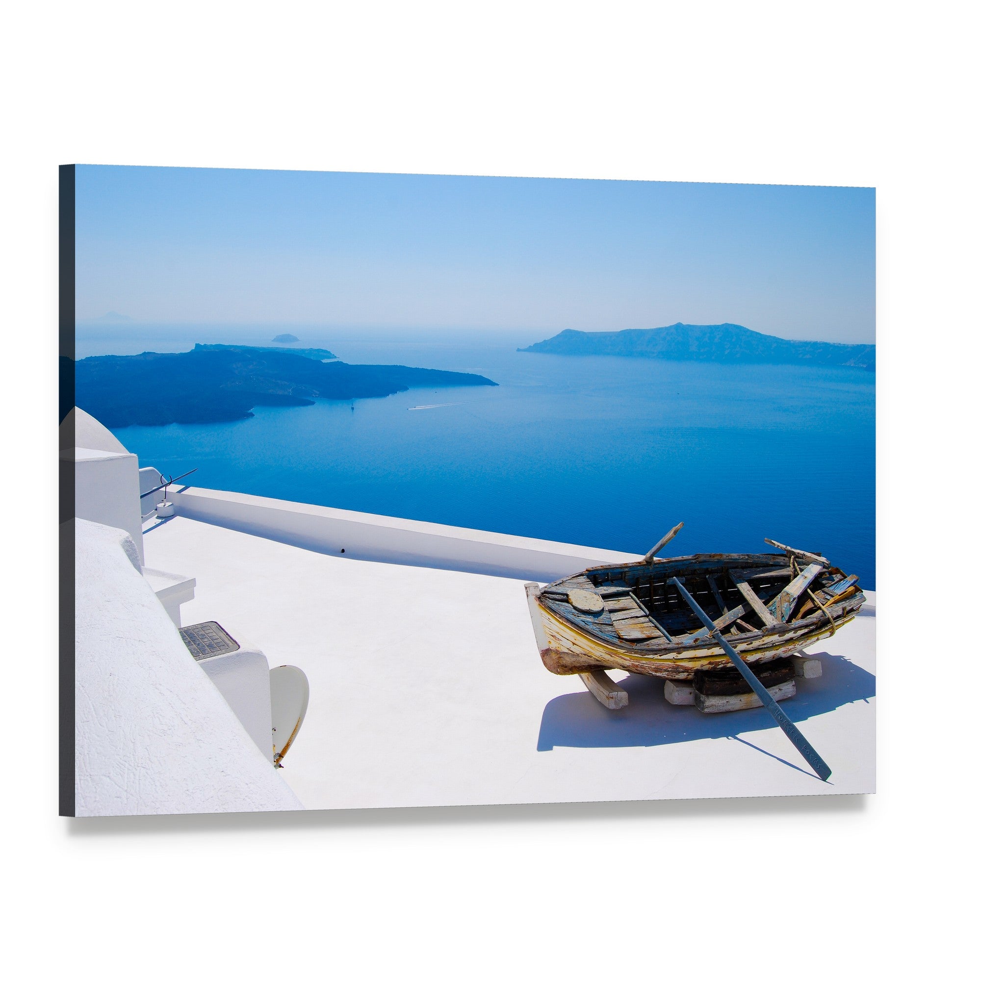 Weathered Boat on Santorini Islands Canvas Wall Art, single panel gallery wrapped canvas, angled product view