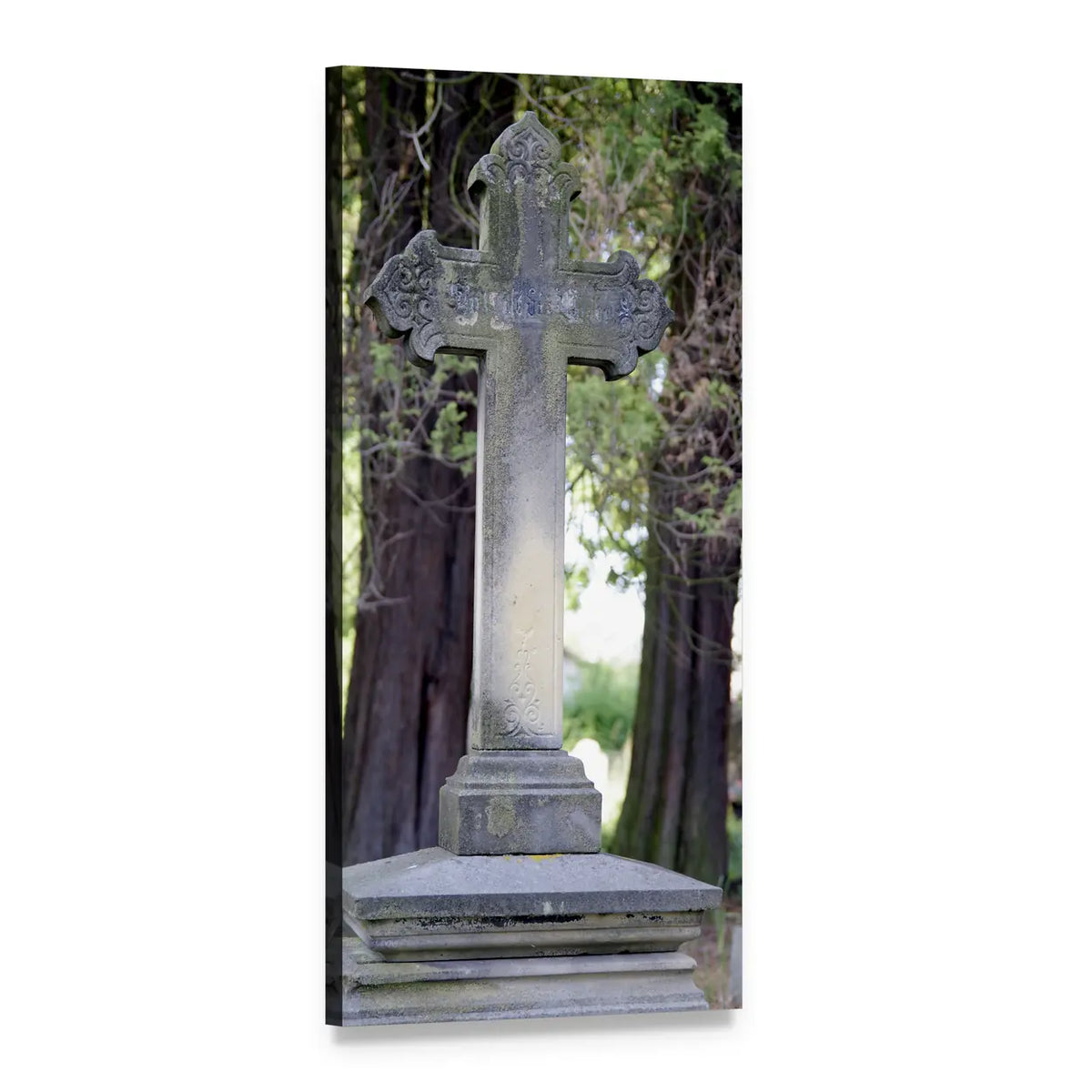 Stone Cross Beside Old Tree Vertical Canvas Wall Art, 1 panel 1 Vertical layout gallery wrapped canvas set, angled product view