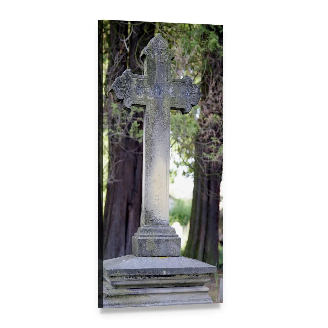 Stone Cross Beside Old Tree Vertical Canvas Wall Art, 1 panel 1 Vertical layout gallery wrapped canvas set, angled product view