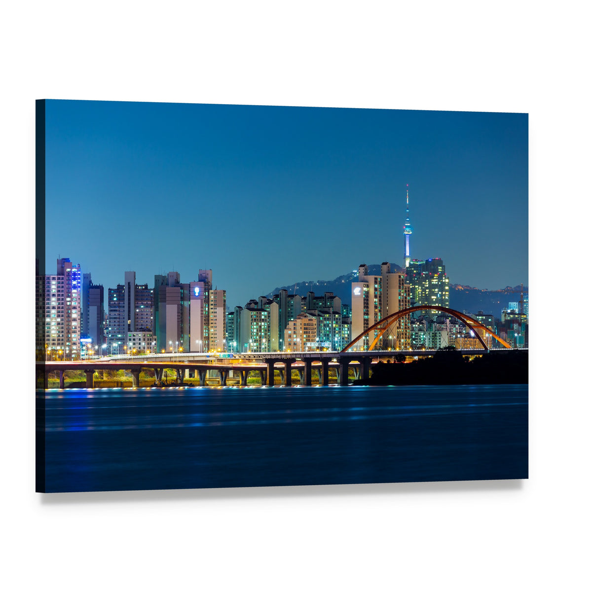Seoul City Skyline at Night Canvas Wall Art, single panel gallery wrapped canvas, angled product view