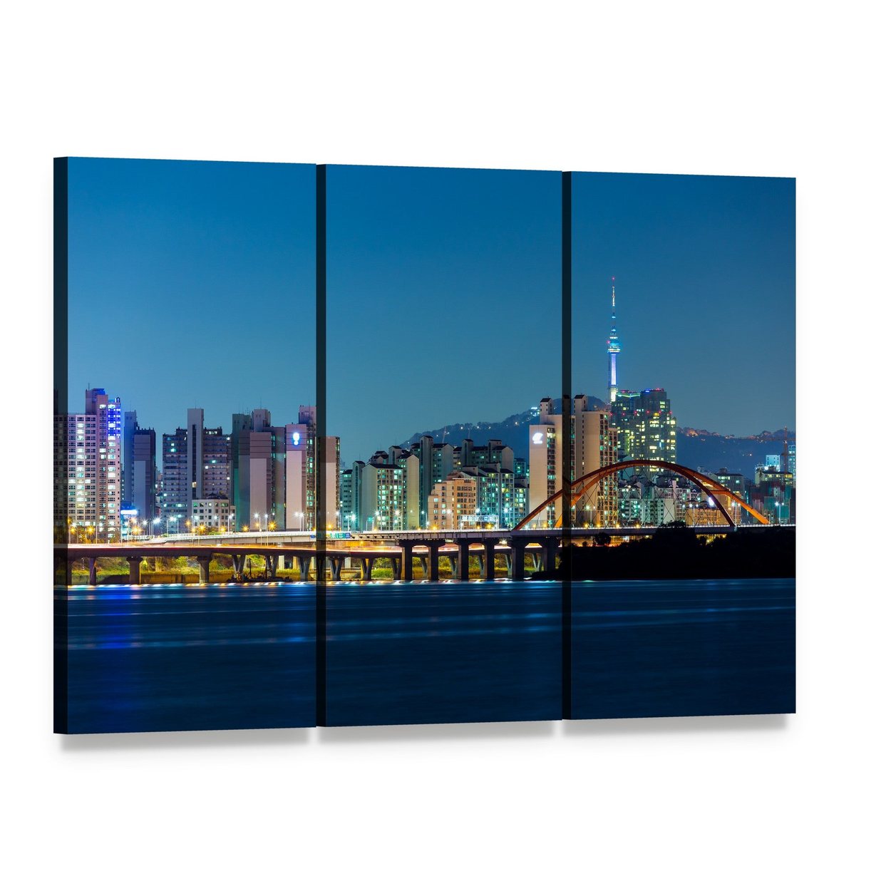 Seoul City Skyline at Night Canvas Wall Art, 3 panel 3 Horizontal layout gallery wrapped canvas set, angled product view