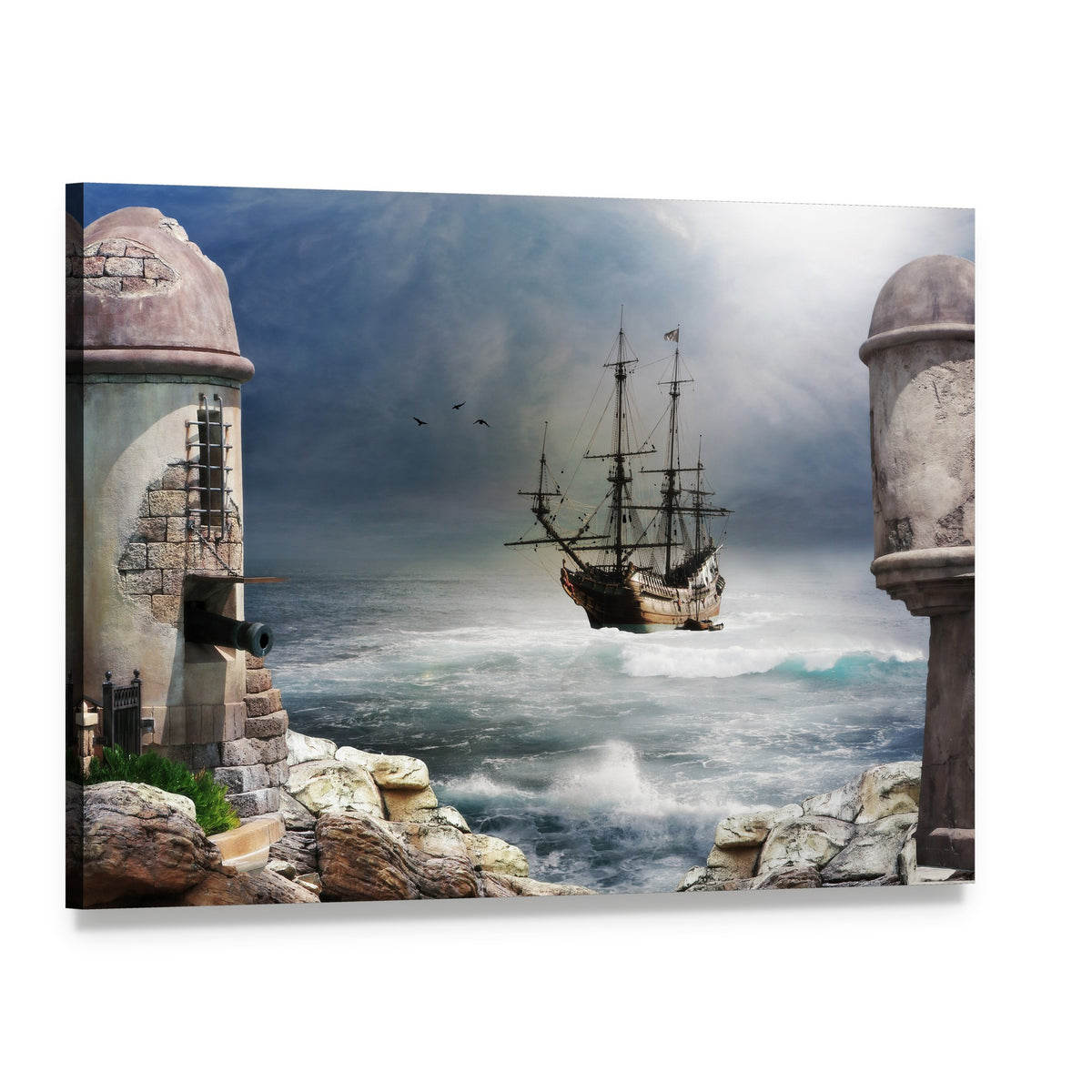 Pirate Ship Anchored by Fort Canvas Wall Art, single panel gallery wrapped canvas, angled product view