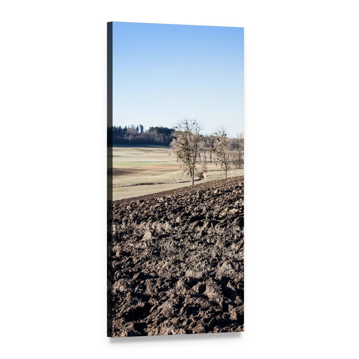 Plowed Field Under Clear Blue Sky Vertical Canvas Wall Art, 1 panel 1 Vertical layout gallery wrapped canvas set, angled product view
