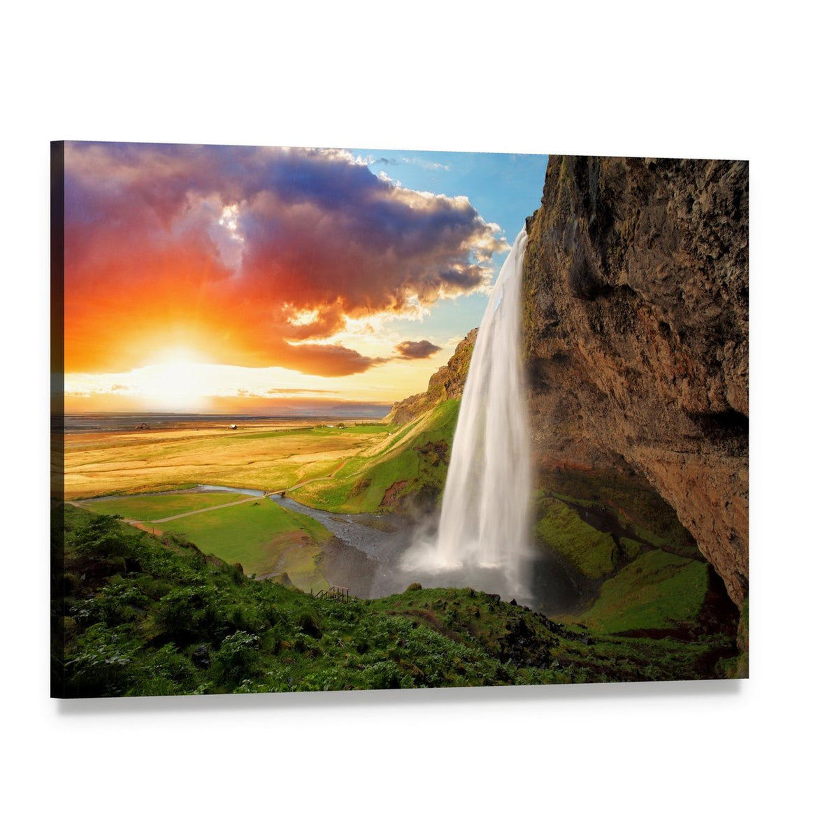 Seljalandsfoss Waterfall Sunset Canvas Wall Art, single panel gallery wrapped canvas, angled product view