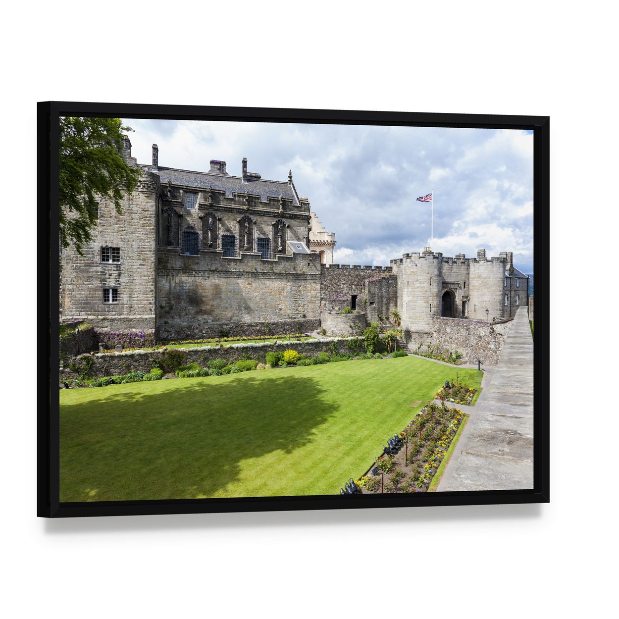 Stirling Castle Courtyard in Summer Sun Canvas Wall Art, framed canvas in a black floater frame, angled product view
