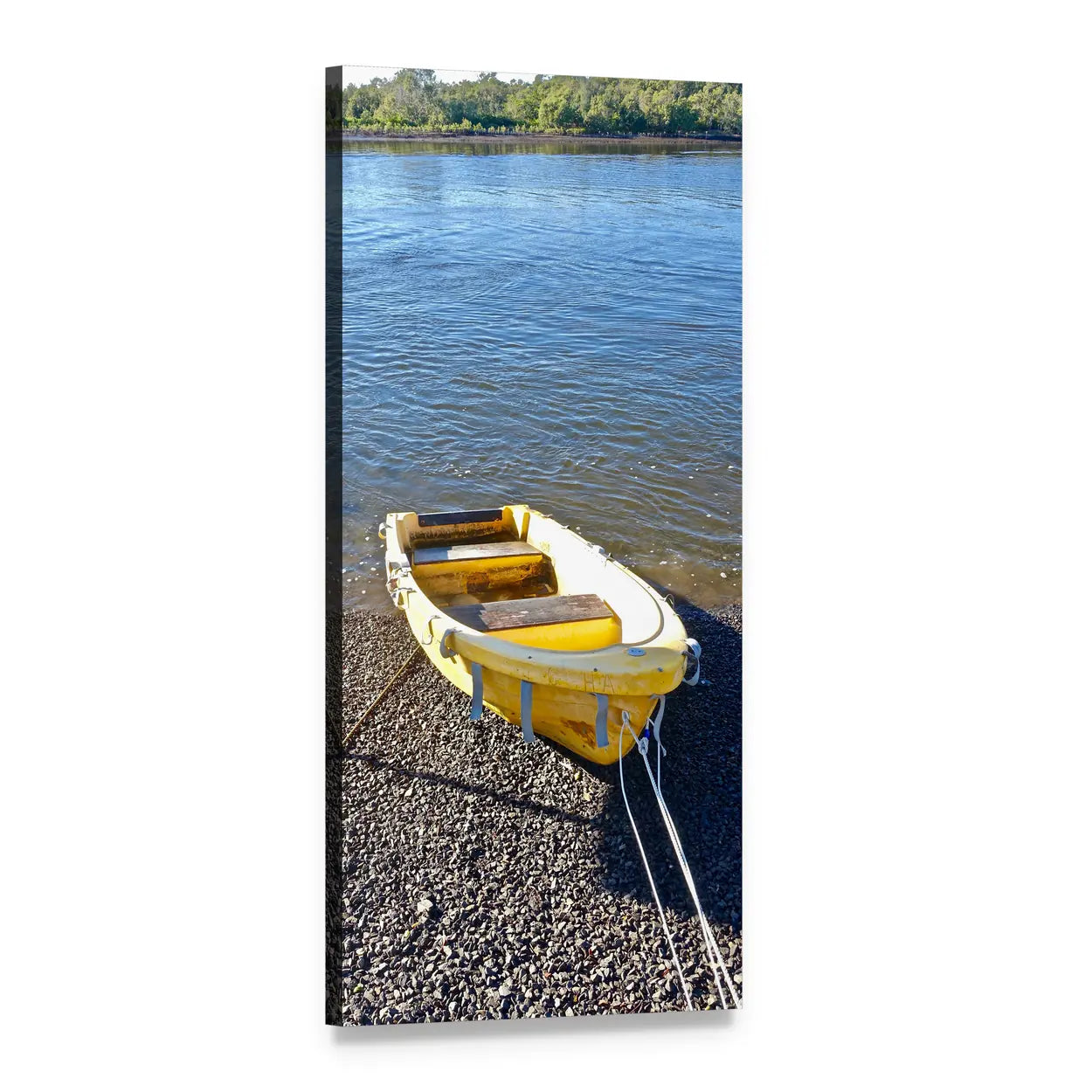 Yellow Rowboat on Pebble Shore Vertical Canvas Wall Art, 1 panel 1 Vertical layout gallery wrapped canvas set, angled product view