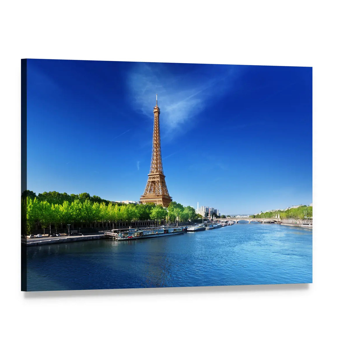 Eiffel Tower with Seine River Boats Canvas Wall Art, single panel gallery wrapped canvas, angled product view