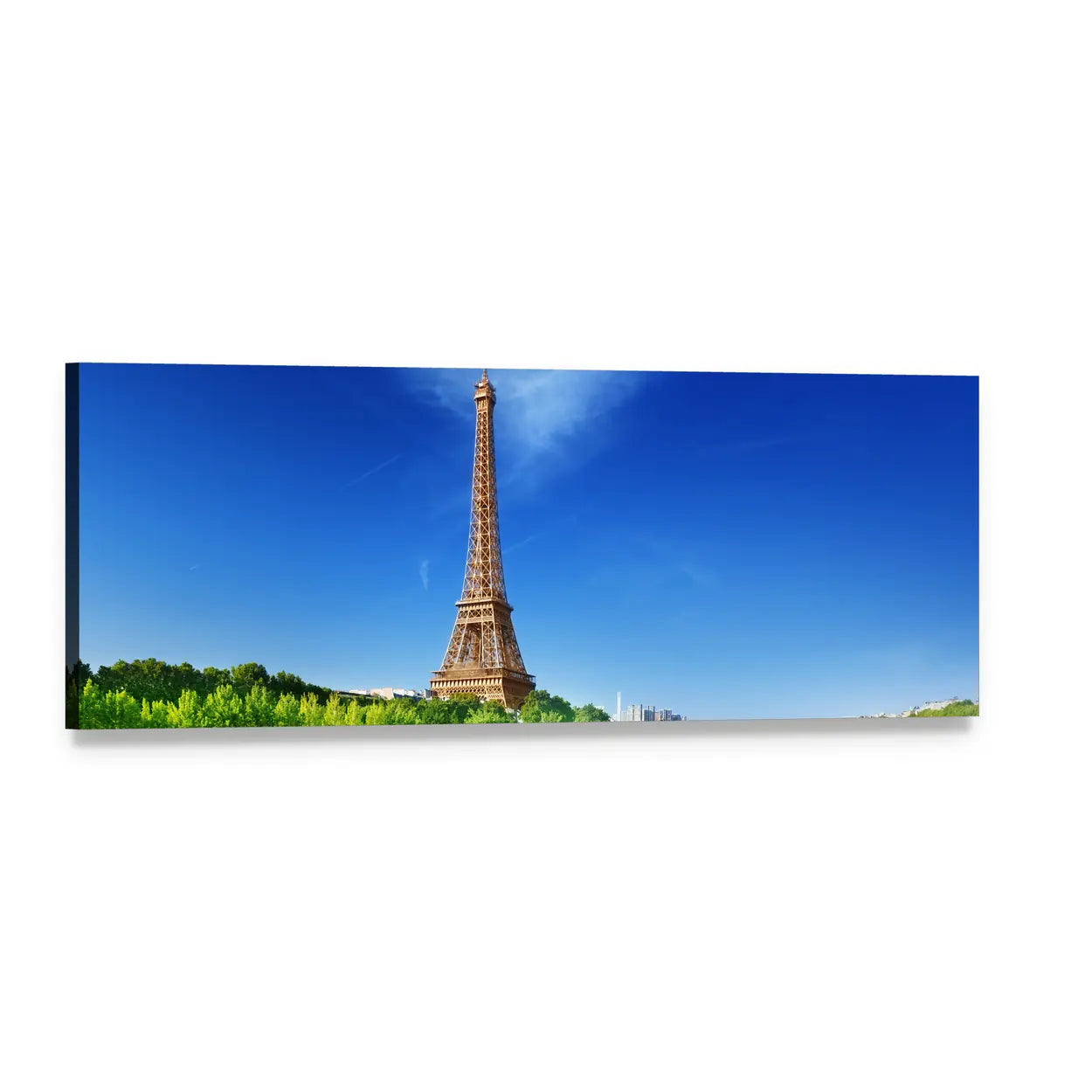 Eiffel Tower Under Blue Sky Panoramic Canvas Wall Art, single panel gallery wrapped canvas, angled product view