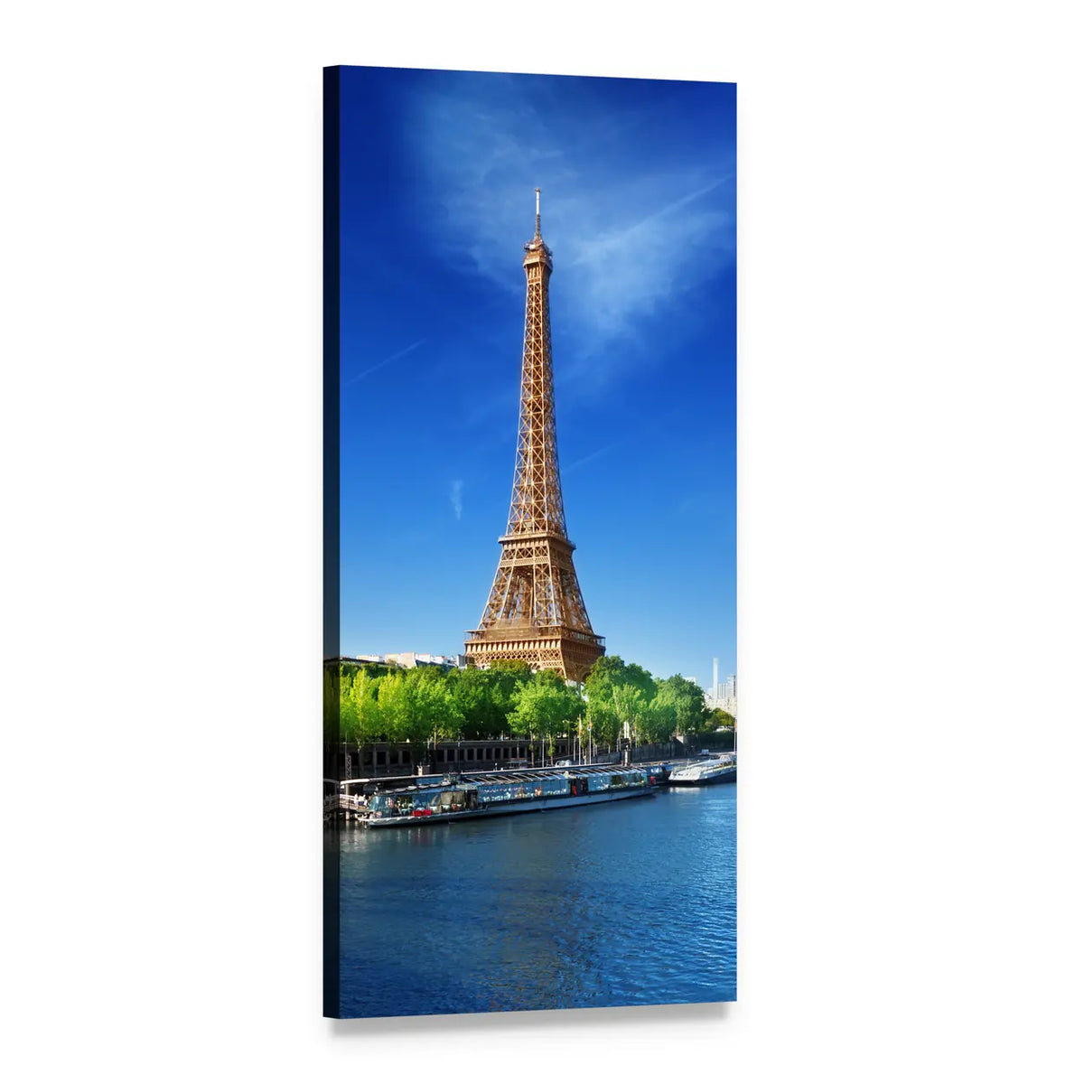 Eiffel Tower Over the Seine, Daytime Vertical Canvas Wall Art, 1 panel 1 Vertical layout gallery wrapped canvas set, angled product view