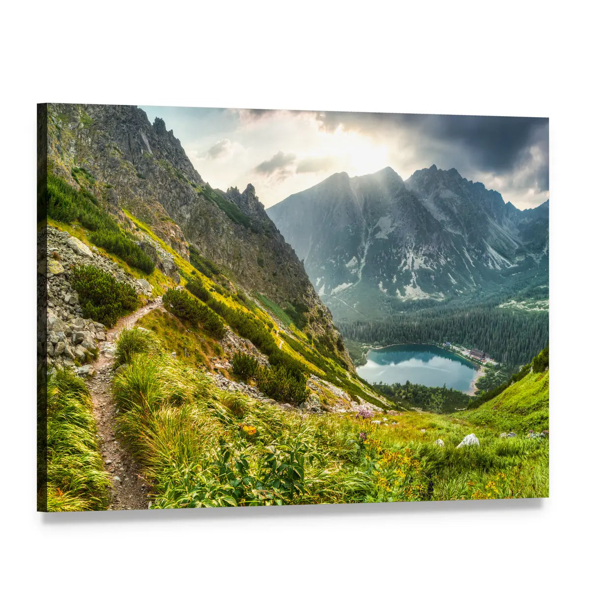 Poprad Pond Sunrise Canvas Wall Art, single panel gallery wrapped canvas, angled product view