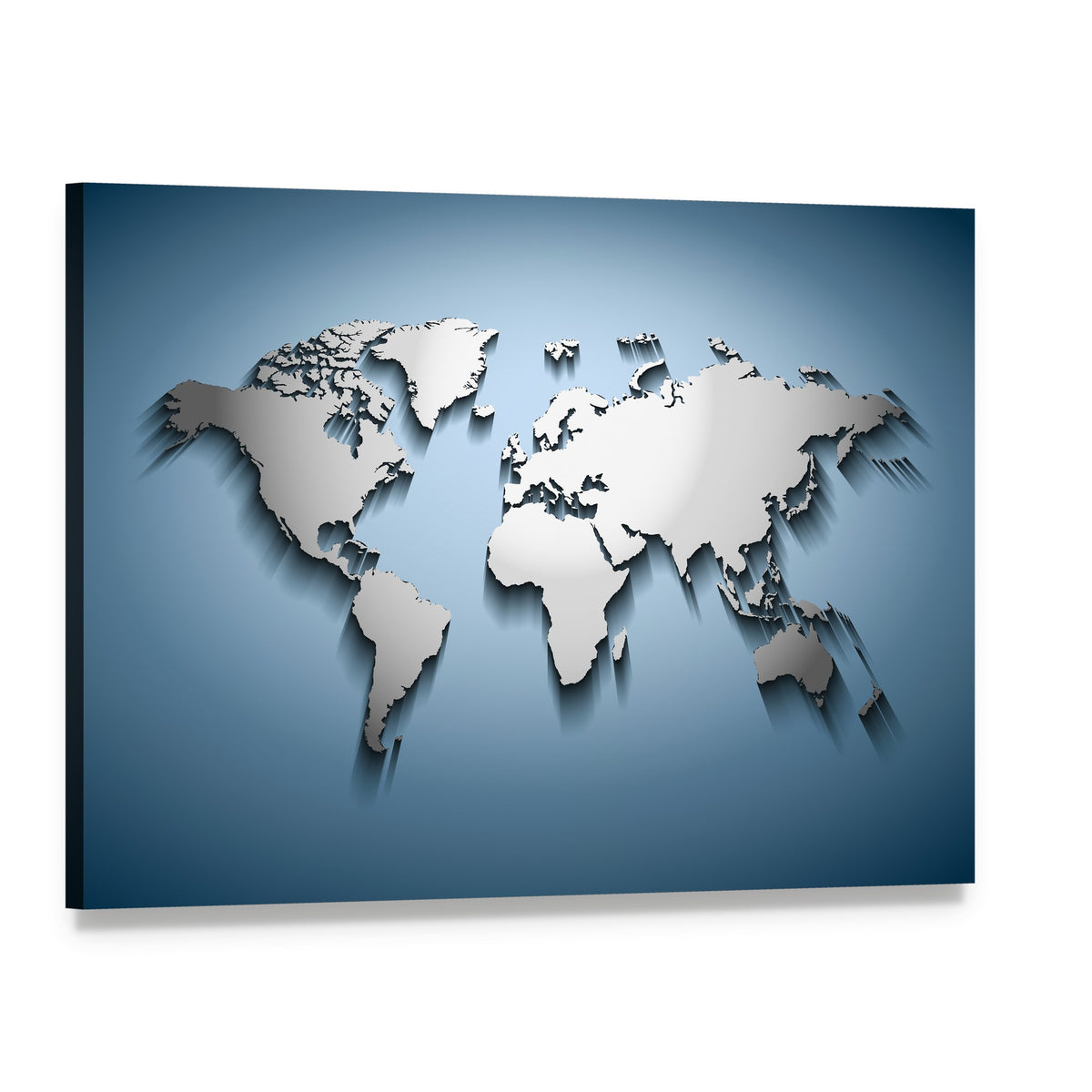 Embossed World Map Canvas Wall Art, single panel gallery wrapped canvas, angled product view