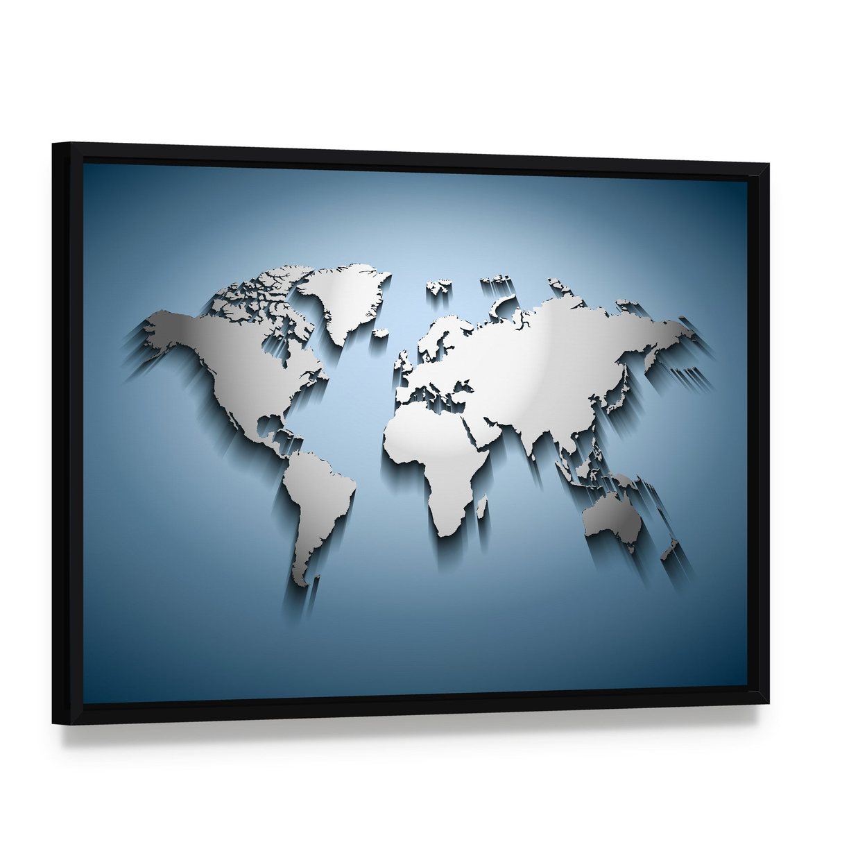 Embossed World Map Canvas Wall Art, framed canvas in a black floater frame, angled product view