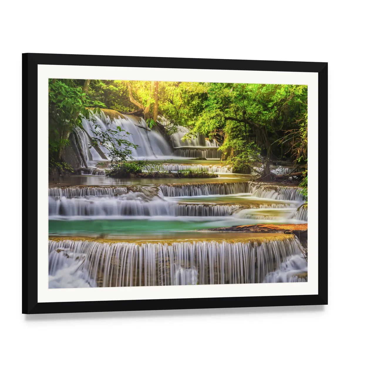 Erawan Waterfall, Thailand Canvas Wall Art, framed print with white mat and black frame, angled product view