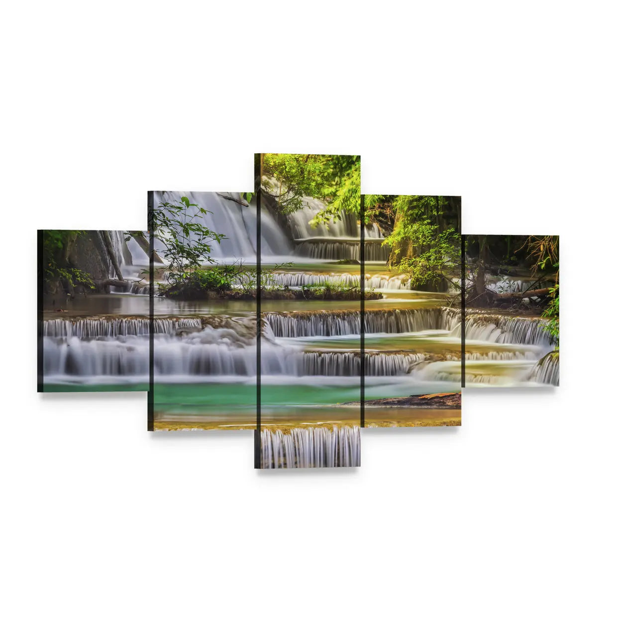 Erawan Waterfall, Thailand Canvas Wall Art, 5 panel 5 Star layout gallery wrapped canvas set, angled product view