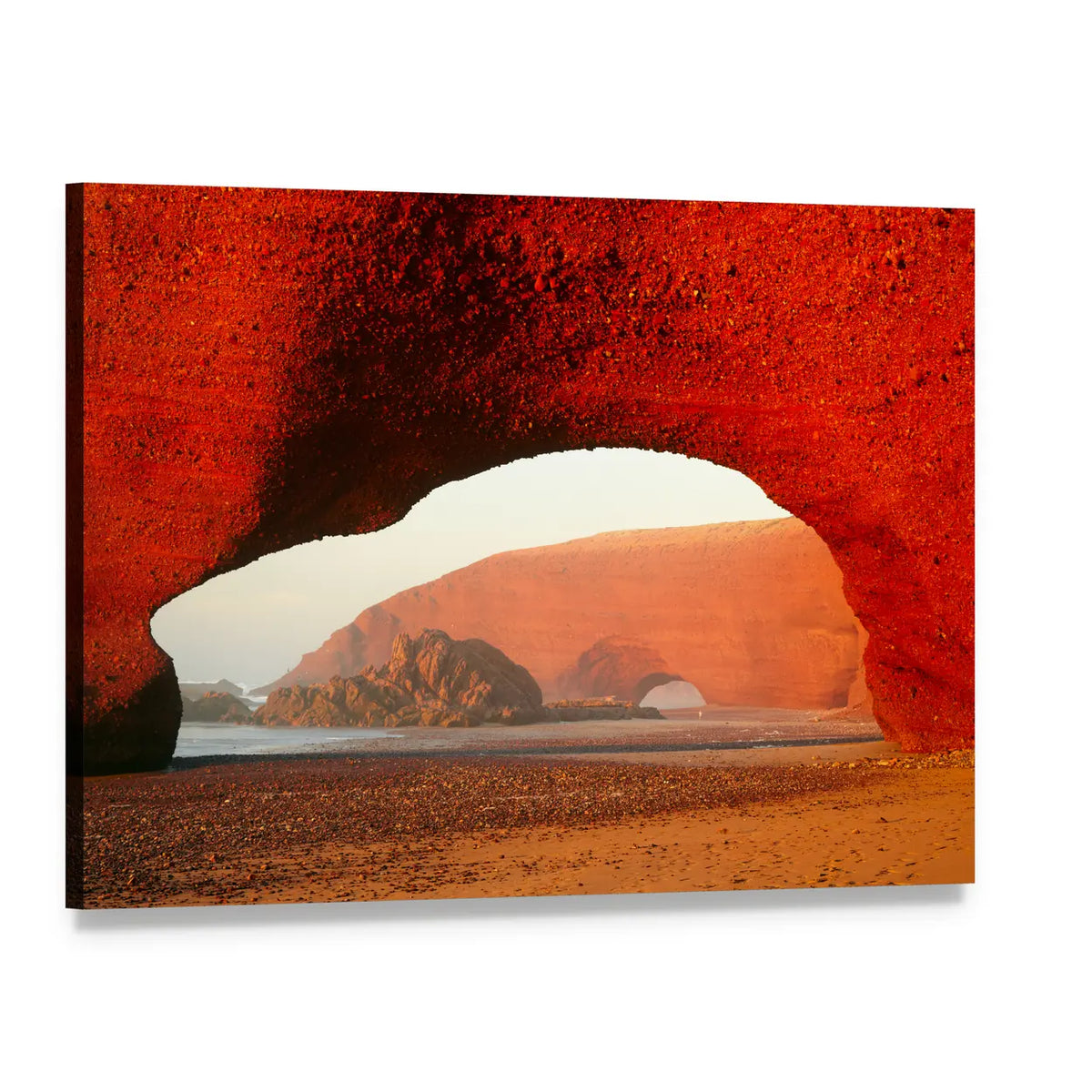 Red Rock Arch Framing Ocean Horizon Canvas Wall Art, single panel gallery wrapped canvas, angled product view
