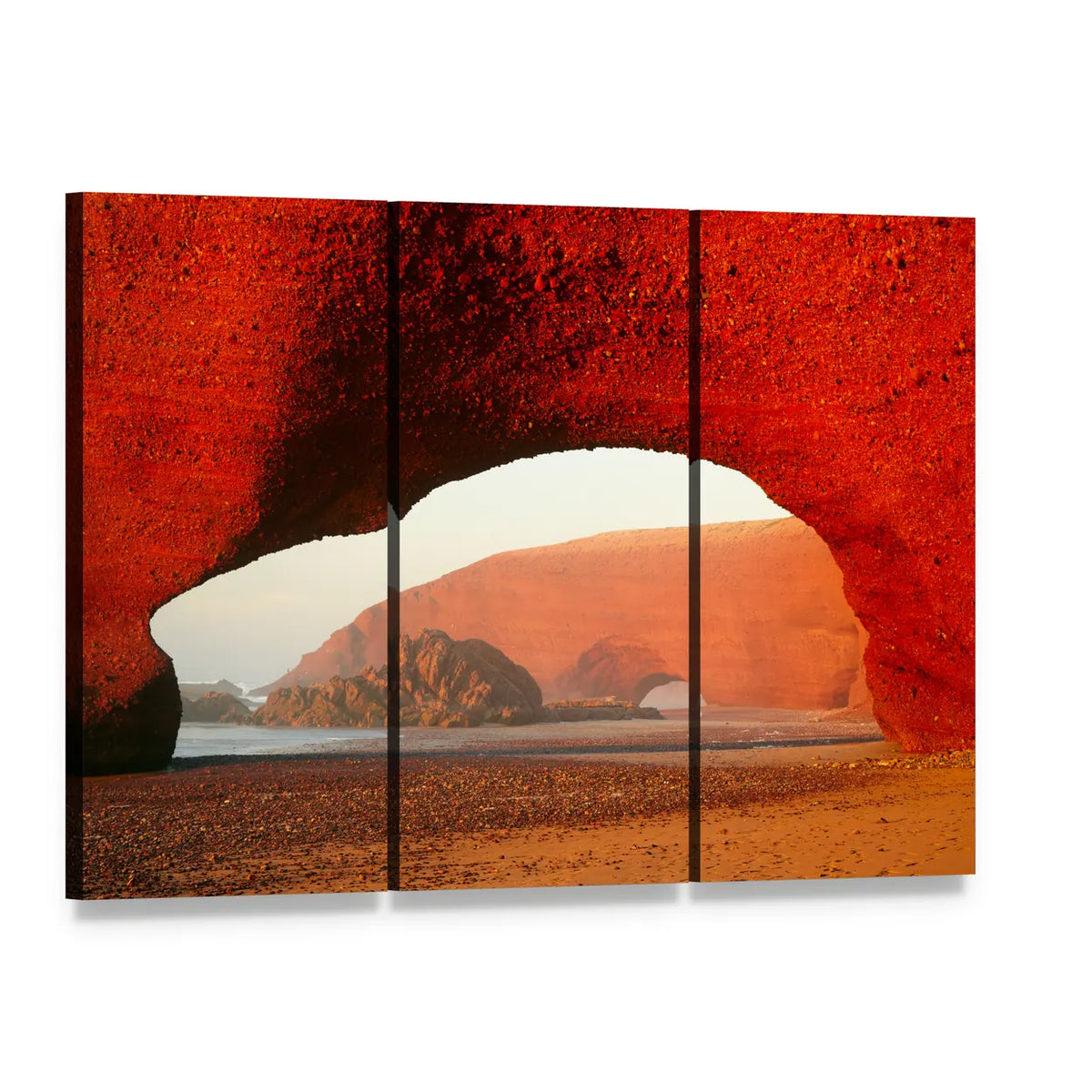 Red Rock Archway at Sunset Canvas Wall Art, 3 panel 3 Horizontal layout gallery wrapped canvas set, angled product view