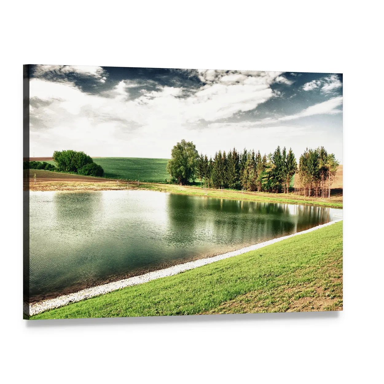 Forest Lake with Tree Reflections Canvas Wall Art, single panel gallery wrapped canvas, angled product view